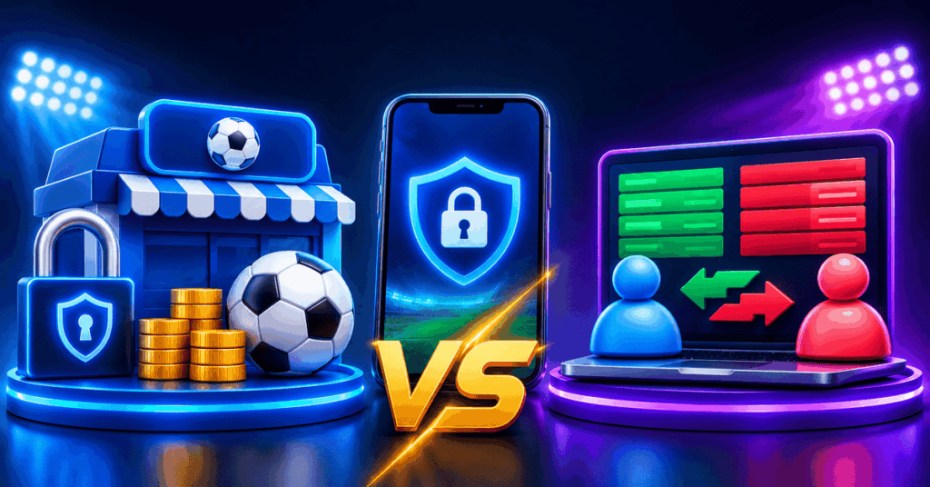 Sportsbook vs exchange infographic showing a blue sportsbook setup and a purple betting exchange with a central VS symbol.