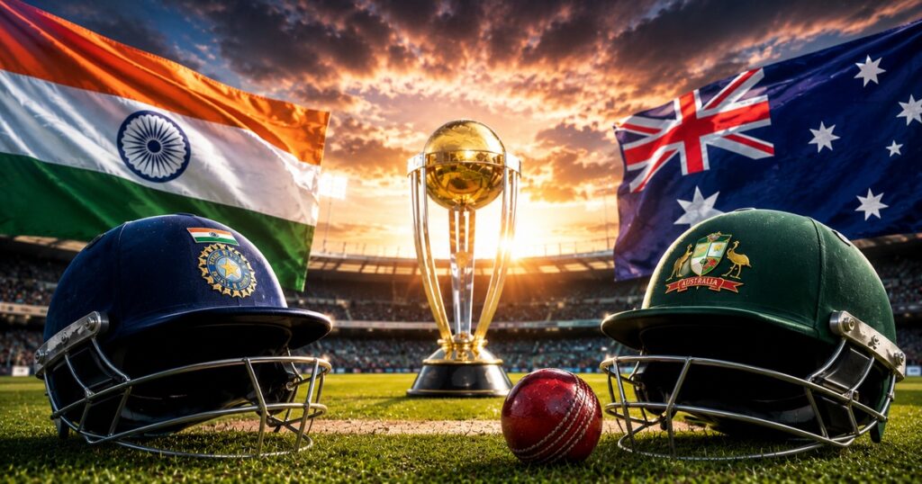 India vs Australia Test Series History featuring cricket helmets, a red cricket ball and trophy in a stadium.