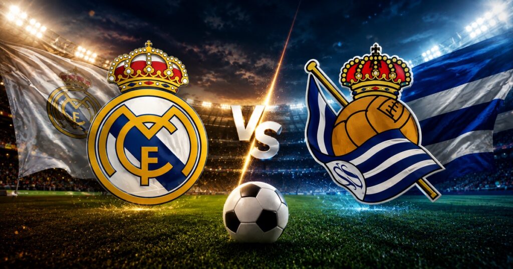 Real Madrid vs Real Sociedad football match scene with team crests, football and stadium