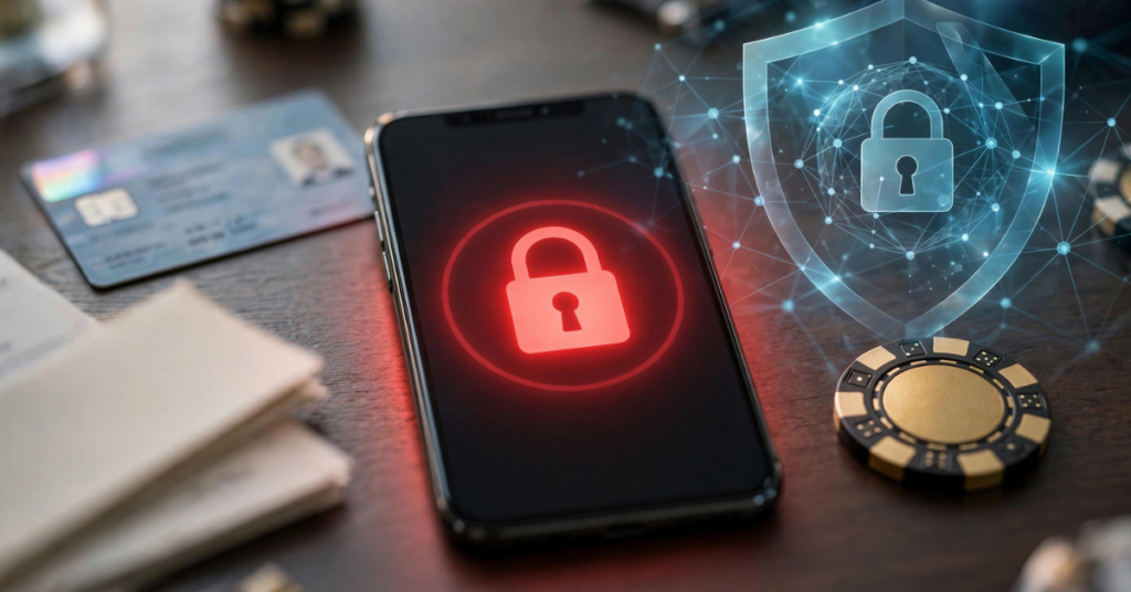 Smartphone displaying red lock icon showing fomo7 account suspended due to pending KYC verification with ID card and security shield on desk