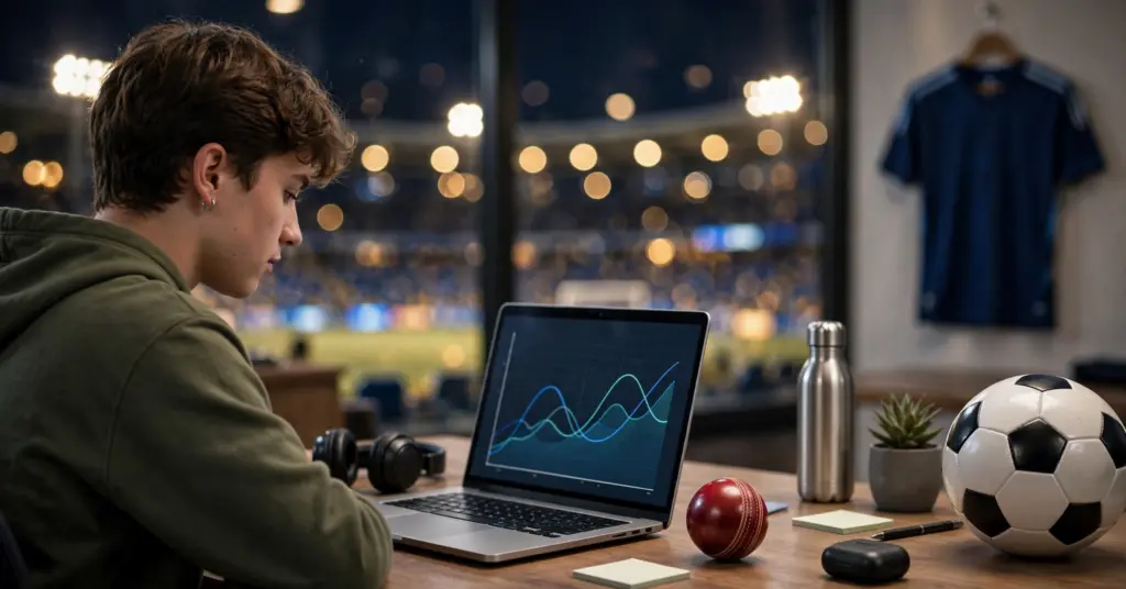 Young man learning how to create a Fomo7 account on laptop with football and cricket ball on desk