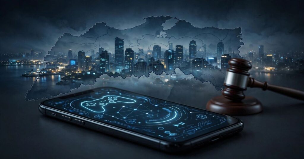 Smartphone showing online gaming service with gavel and Maharashtra map outline representing Maharashtra Prevention of Gambling Act and central law on money gaming service