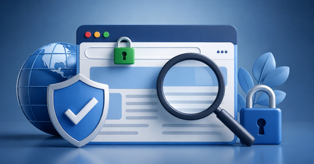 Fomo7 official website link verification with secure browser, shield, padlock and magnifying glass